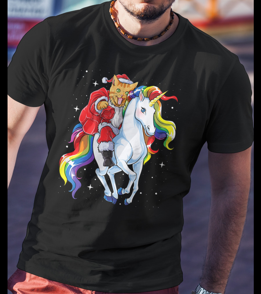 Cat Santa Riding Rainbow Unicorn Christmas Girl T-Shirt