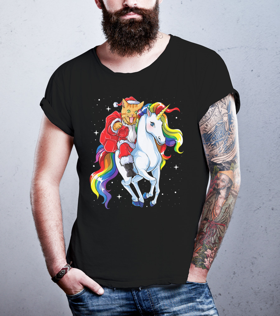 Cat Santa Riding Rainbow Unicorn Christmas Girl T-Shirt