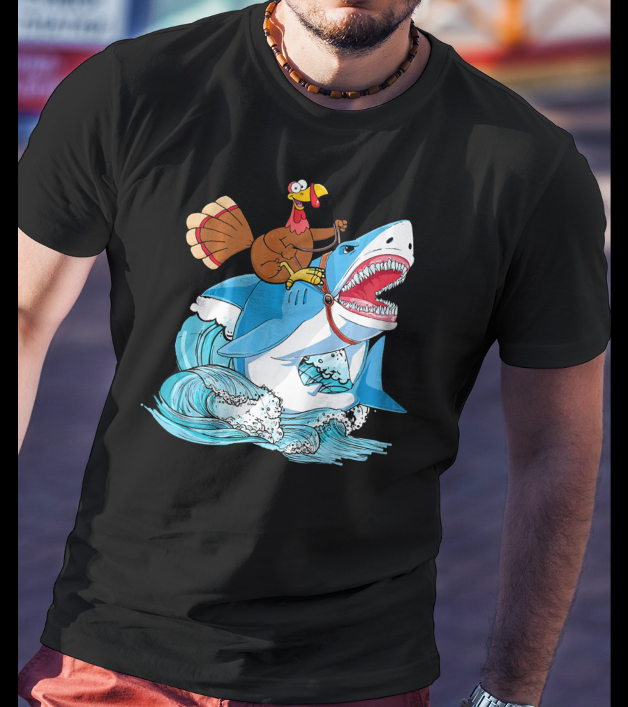 Dabbing Turkey Riding Great White Shark Waves T-Shirt