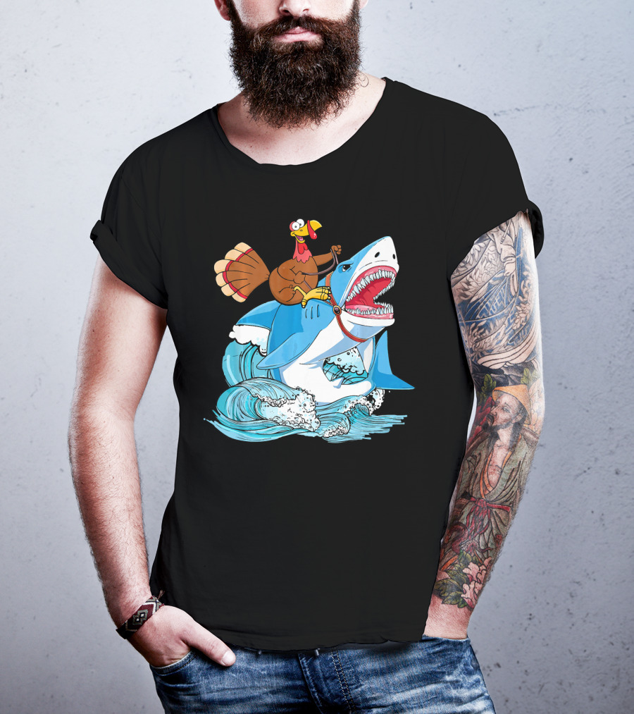 Dabbing Turkey Riding Great White Shark Waves T-Shirt