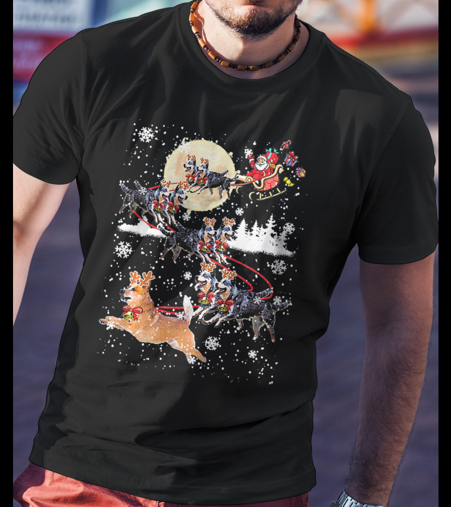 Heeler Reindeer Santa Sleigh Christmas Moon Dog T-Shirt