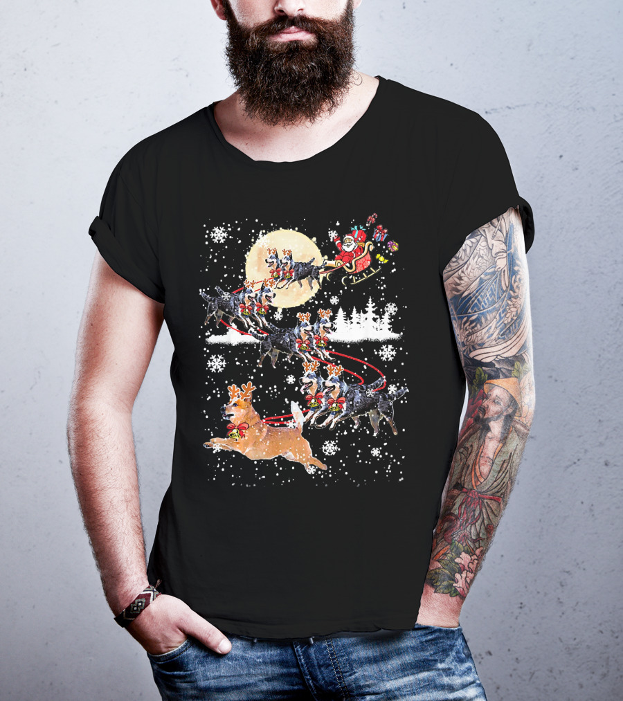 Heeler Reindeer Santa Sleigh Christmas Moon Dog T-Shirt