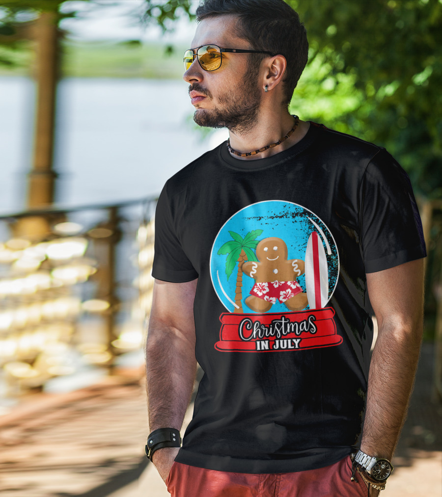 Christmas In July Surfing Gingerbread Snow Globe T-Shirt