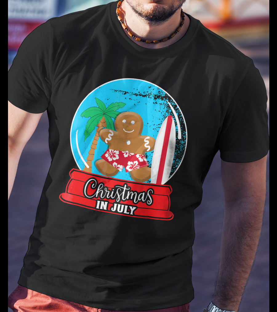 Christmas In July Surfing Gingerbread Snow Globe T-Shirt