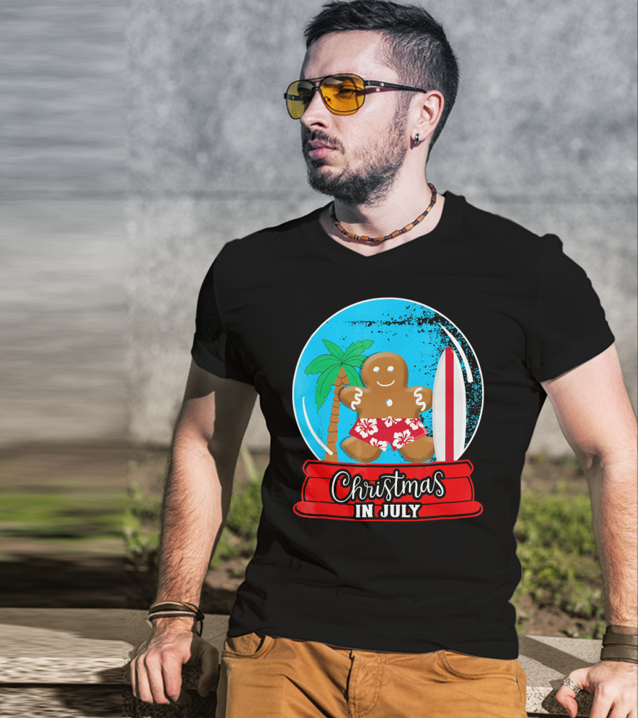 Christmas In July Surfing Gingerbread Snow Globe T-Shirt