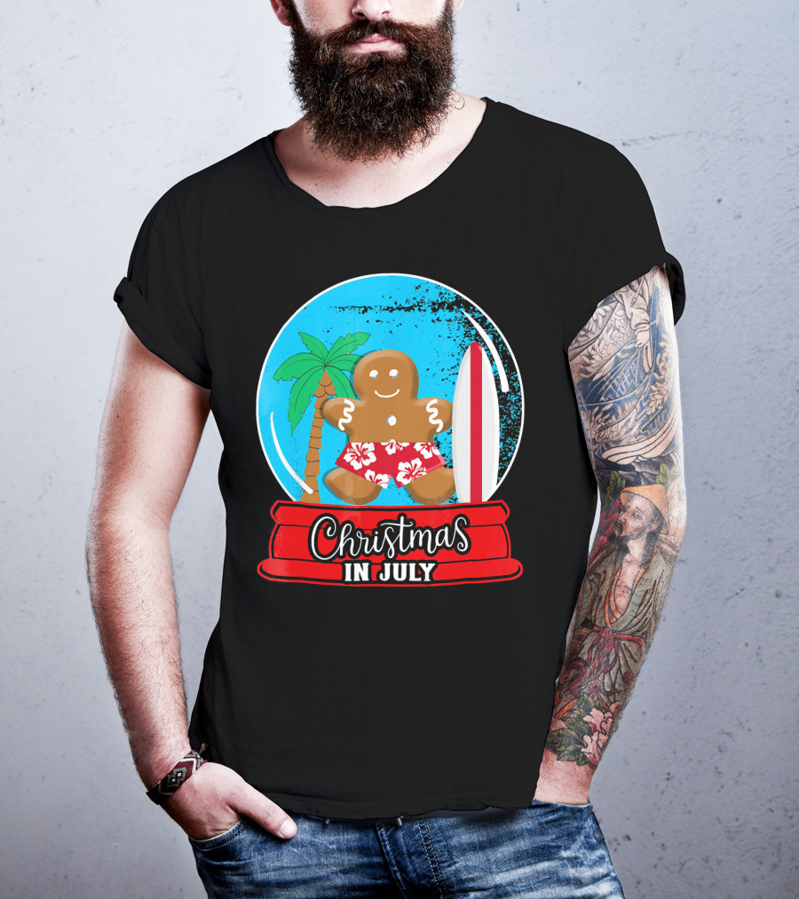 Christmas In July Surfing Gingerbread Snow Globe T-Shirt
