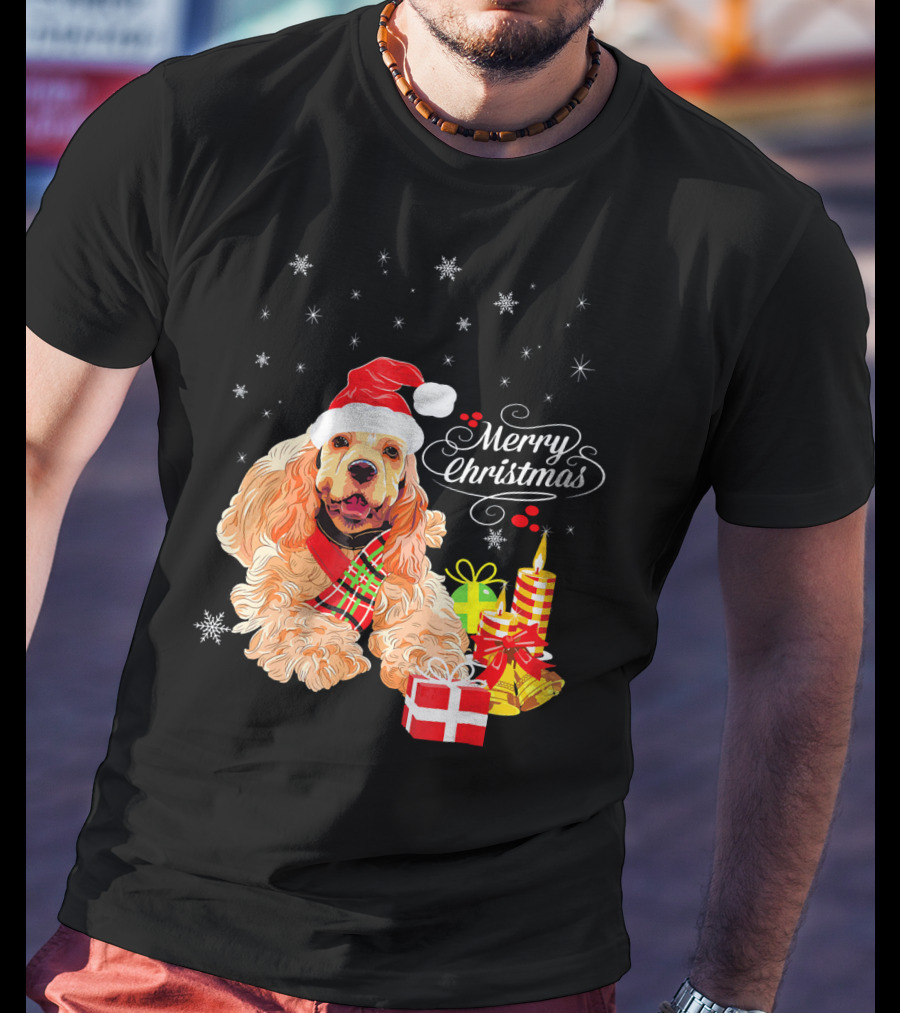 Cocker Spaniel Merry Christmas Santa Hat Candles Gifts Snowflakes T-Shirt