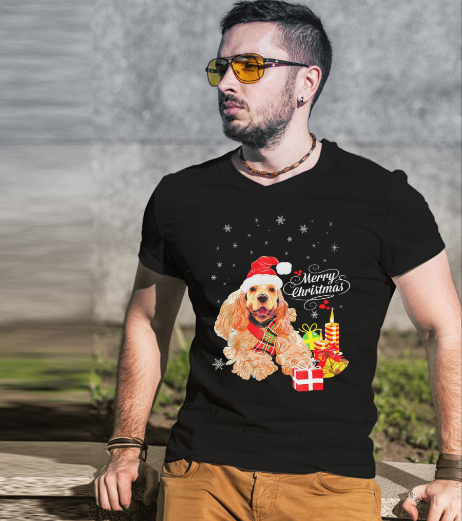 Cocker Spaniel Merry Christmas Santa Hat Candles Gifts Snowflakes T-Shirt