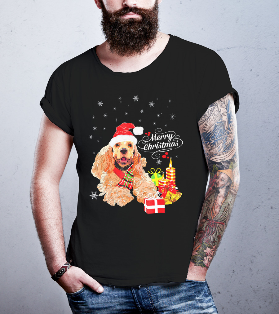Cocker Spaniel Merry Christmas Santa Hat Candles Gifts Snowflakes T-Shirt