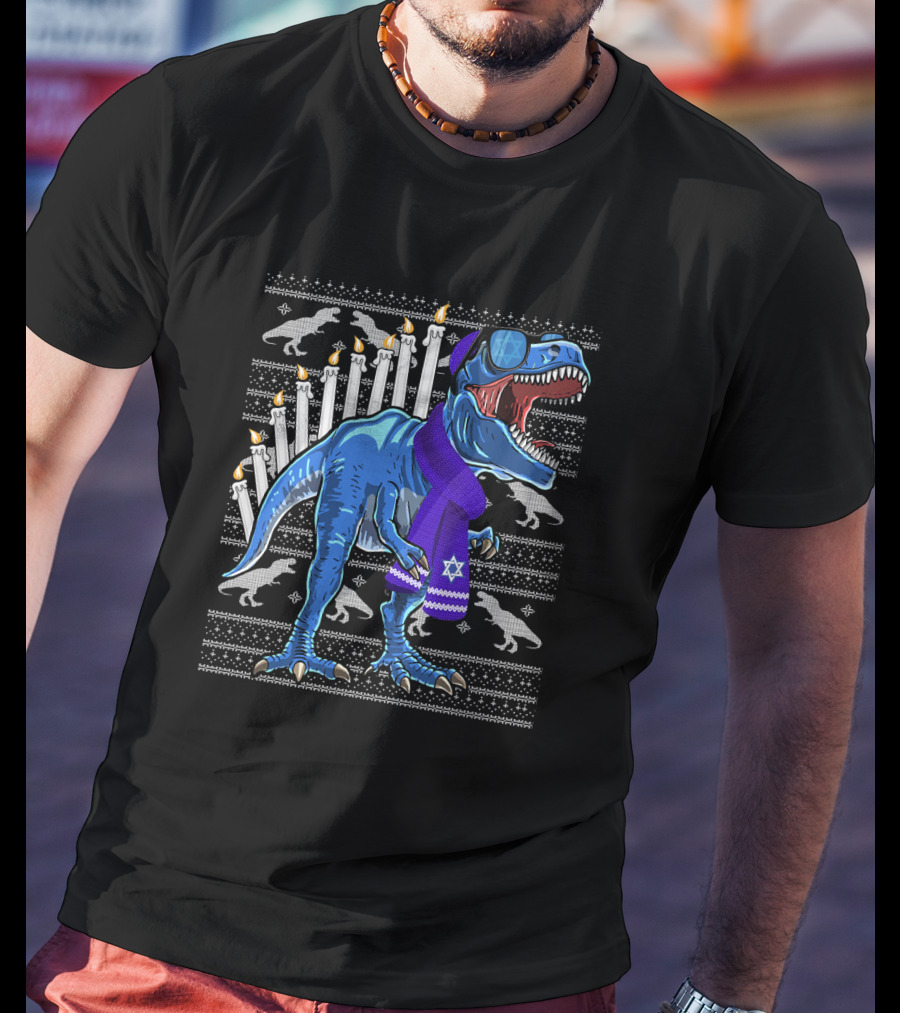 Menorasaurus Rex Dinosaur Wearing Blue Scarf And Sunglasses With Candles And Dinosaur T-Shirt