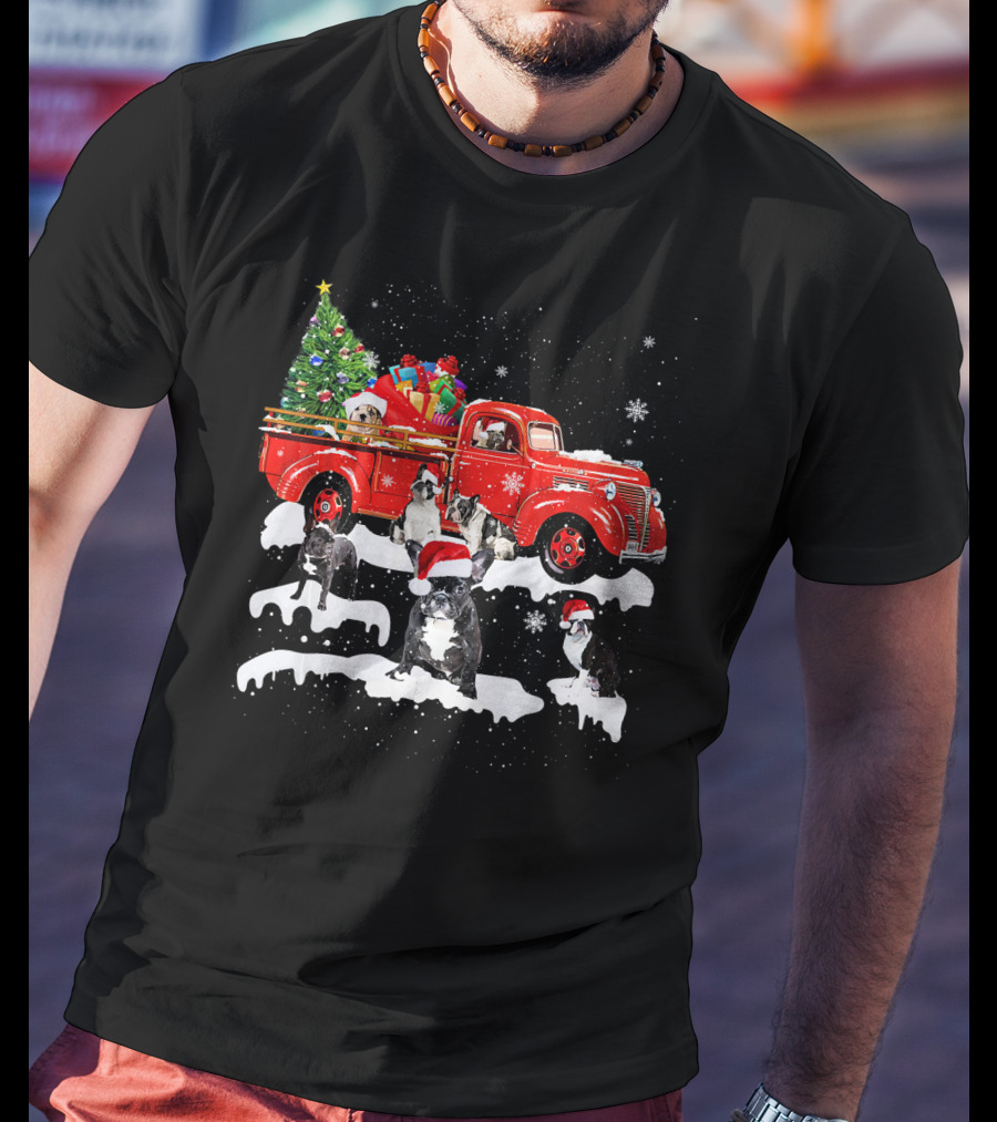French Bulldog Christmas Red Truck With Santa Hats And Gifts T-Shirt
