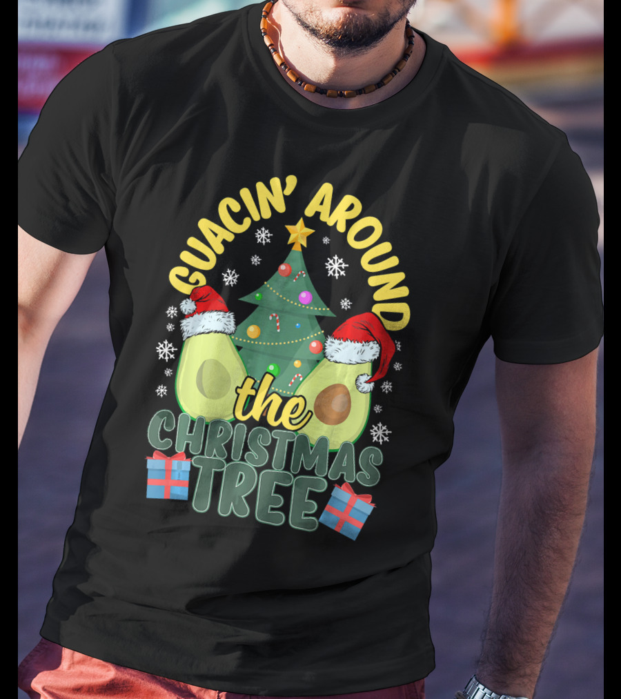 Guacin' Around The Christmas Tree Snowflakes Presents Santa Hats T-Shirt