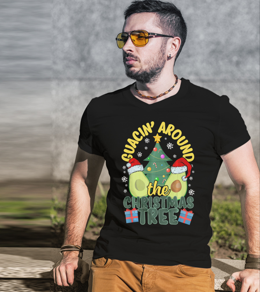 Guacin' Around The Christmas Tree Snowflakes Presents Santa Hats T-Shirt