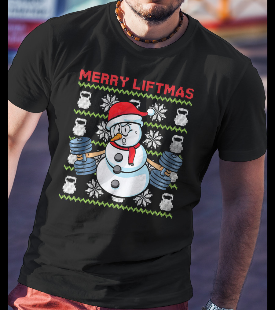 Merry Liftmas Fitness Snowman Xmas Weightlifting Kettlebells T-Shirt