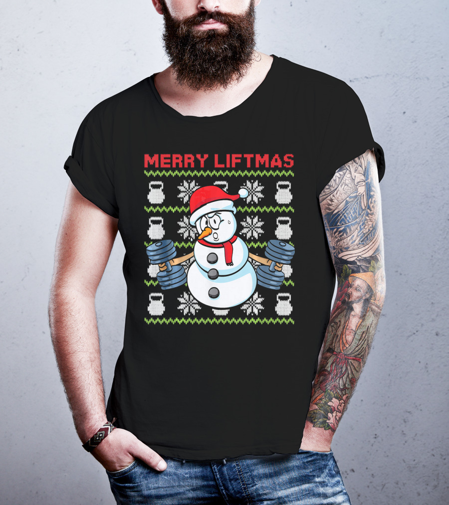 Merry Liftmas Fitness Snowman Xmas Weightlifting Kettlebells T-Shirt