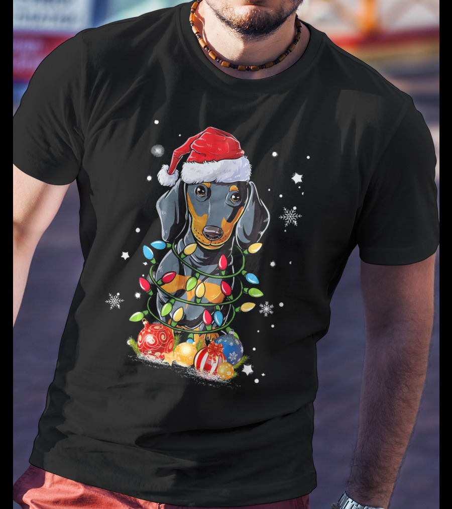 Dachshund Wrapped In Christmas Lights With Santa Hat And Ornaments T-Shirt