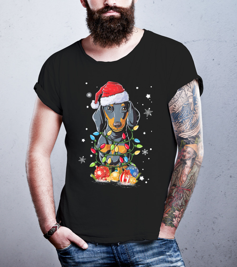 Dachshund Wrapped In Christmas Lights With Santa Hat And Ornaments T-Shirt