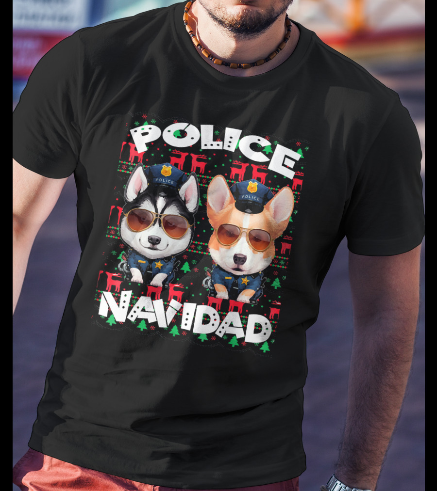 Police Navidad Ugly Christmas Dog Cops With Sunglasses T-Shirt