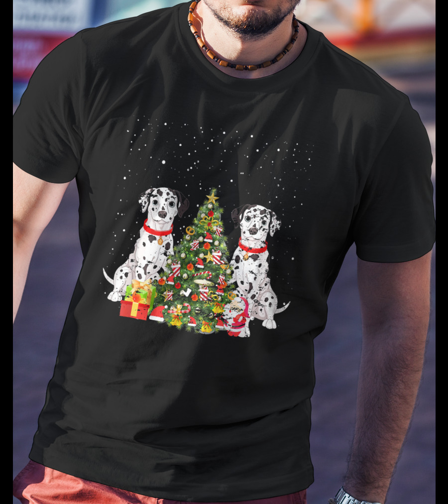 Dalmatian Christmas Tree Dalmatian Holiday Costume With Gifts And Santa T-Shirt