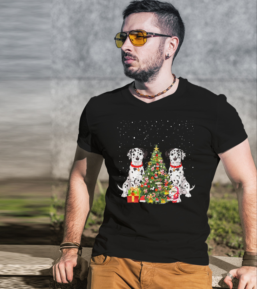 Dalmatian Christmas Tree Dalmatian Holiday Costume With Gifts And Santa T-Shirt