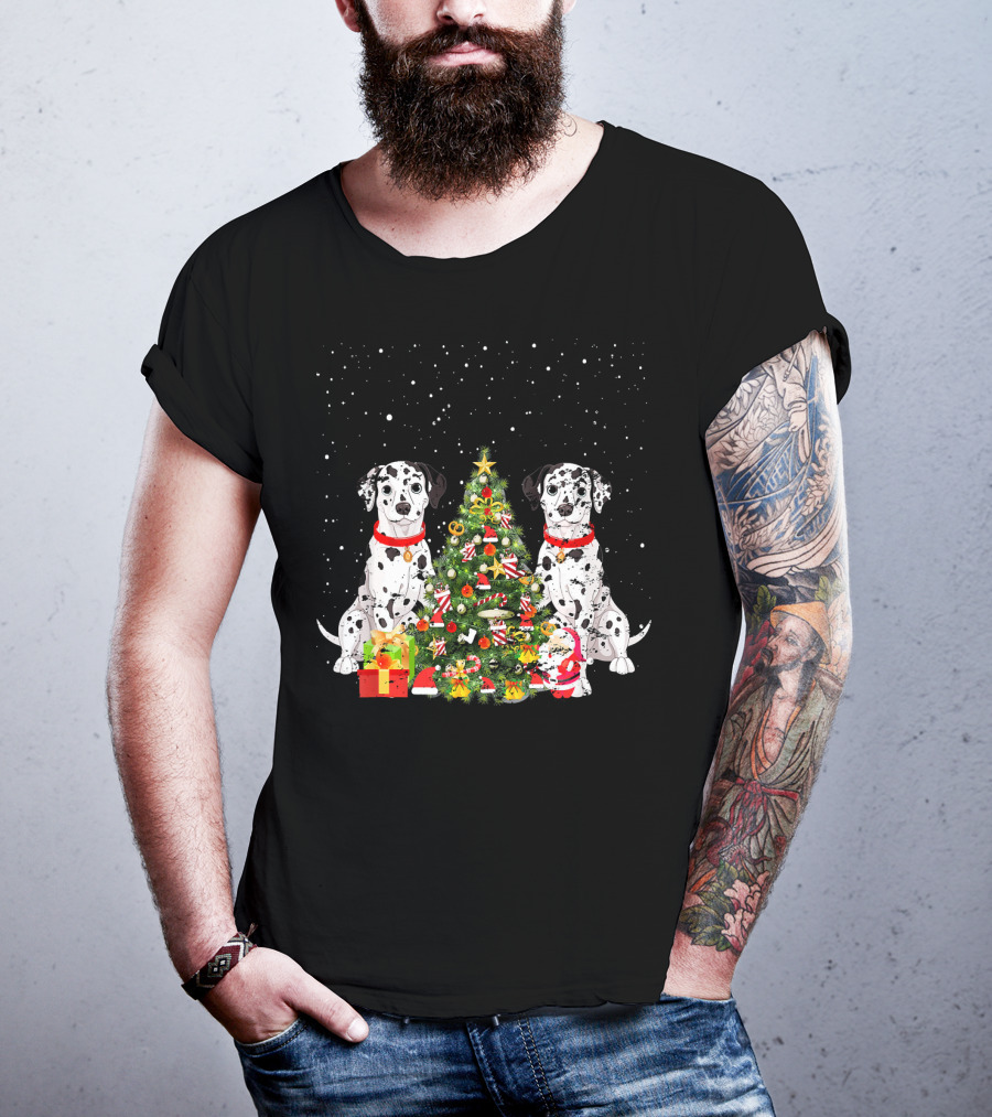 Dalmatian Christmas Tree Dalmatian Holiday Costume With Gifts And Santa T-Shirt