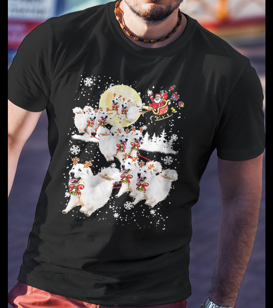 Great Pyrenees Reindeer Santa Christmas With Sleigh And Snowflakes T-Shirt