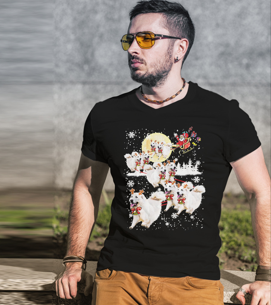 Great Pyrenees Reindeer Santa Christmas With Sleigh And Snowflakes T-Shirt