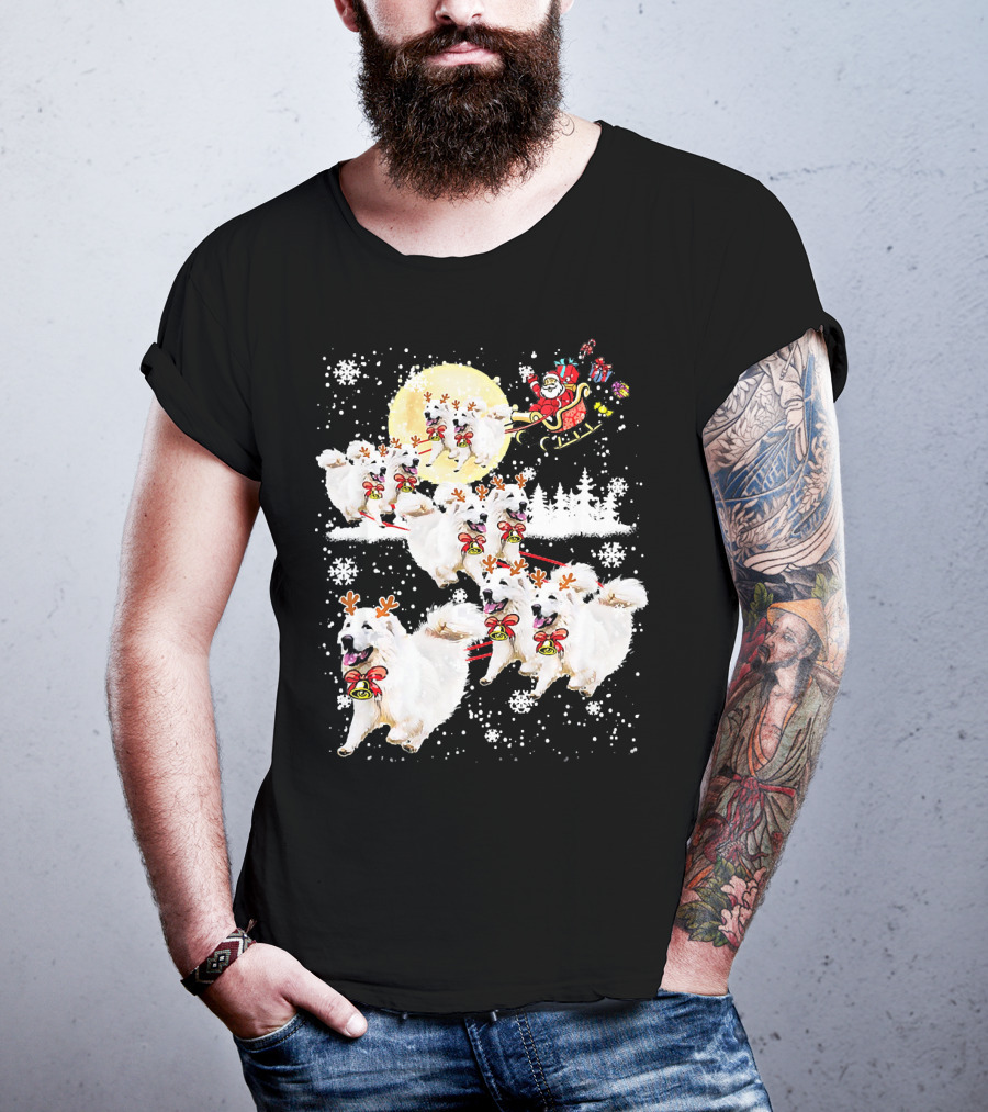 Great Pyrenees Reindeer Santa Christmas With Sleigh And Snowflakes T-Shirt