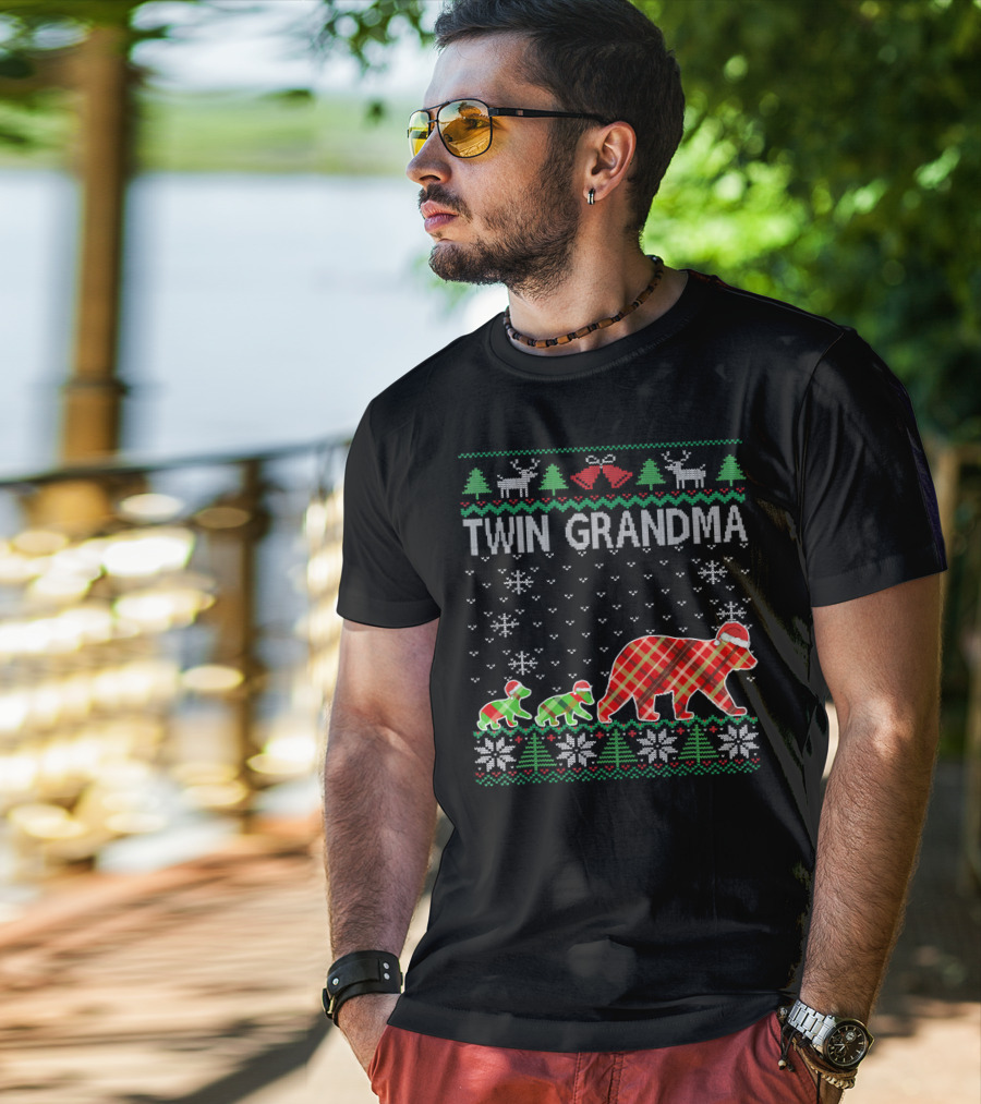 Twin Grandma Matching Ugly Christmas Plaid Bear Family Snowflakes Trees T-Shirt