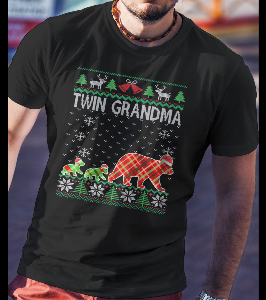 Twin Grandma Matching Ugly Christmas Plaid Bear Family Snowflakes Trees T-Shirt