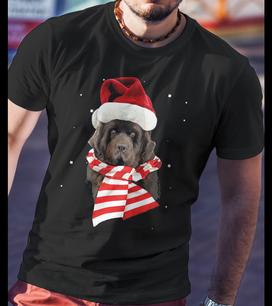 Newfoundland Santa Merry Christmas Dog With Red Hat And Scarf T-Shirt