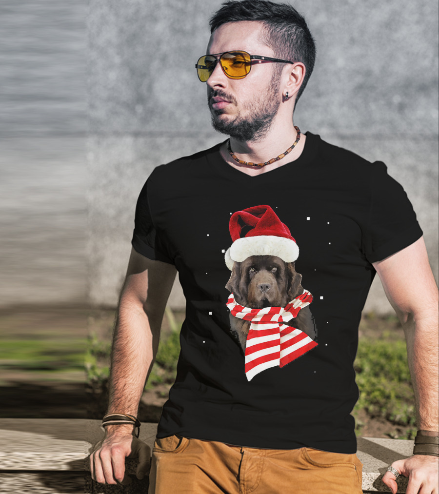 Newfoundland Santa Merry Christmas Dog With Red Hat And Scarf T-Shirt