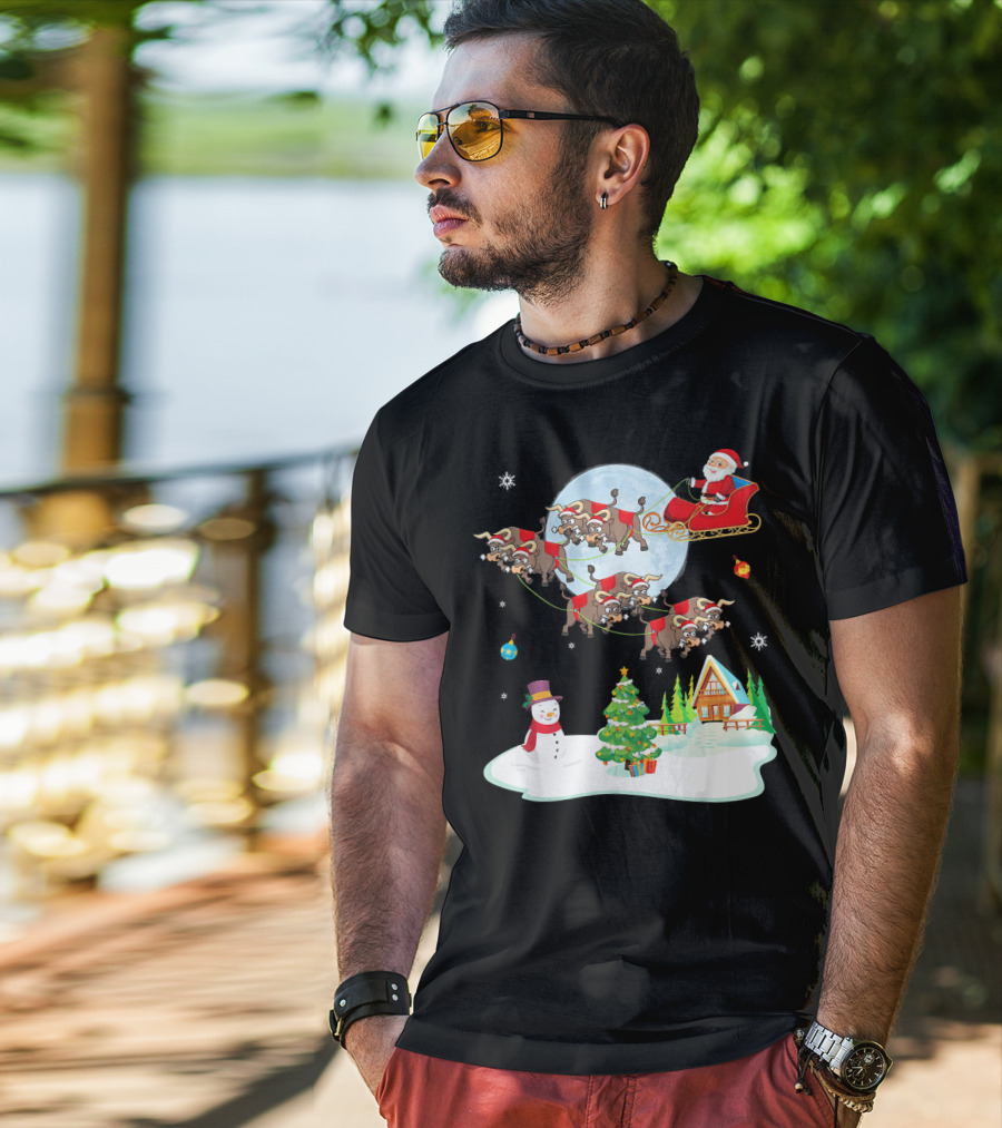 Santa Claus Buffalo Sleigh Snowman Christmas Scene T-Shirt