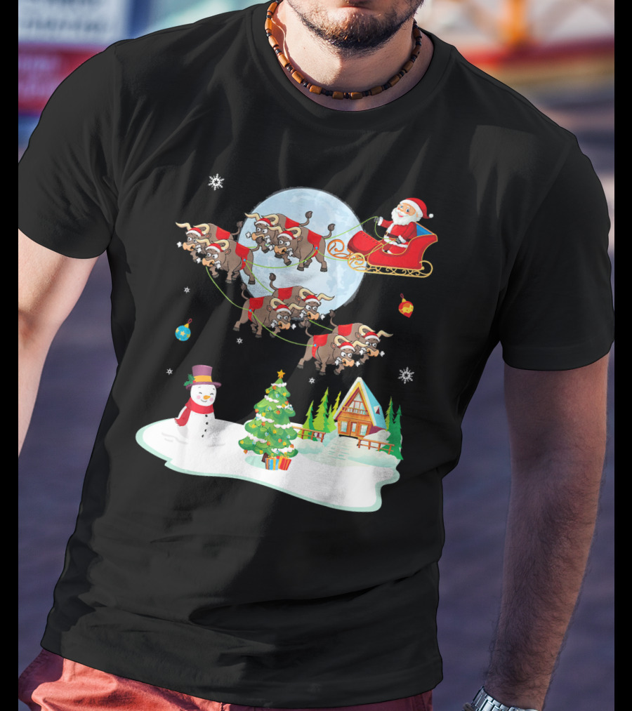 Santa Claus Buffalo Sleigh Snowman Christmas Scene T-Shirt