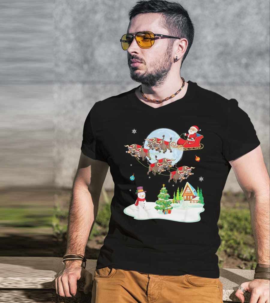 Santa Claus Buffalo Sleigh Snowman Christmas Scene T-Shirt