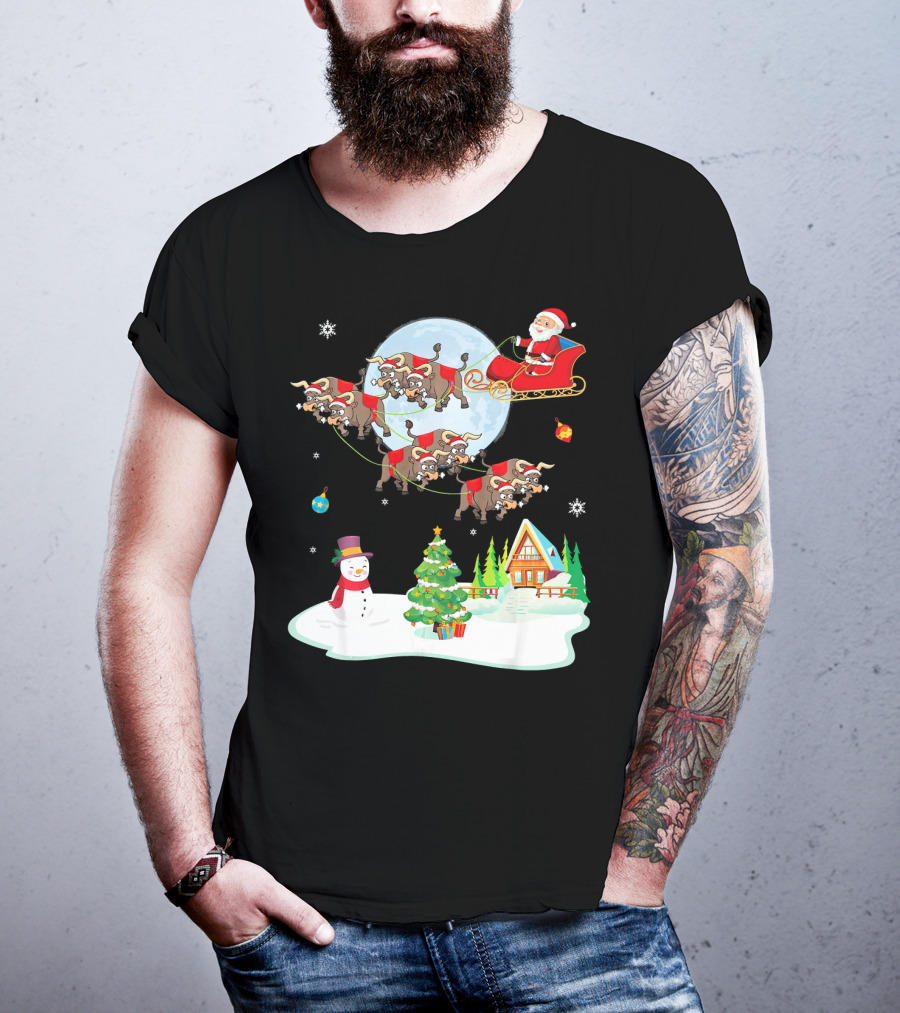 Santa Claus Buffalo Sleigh Snowman Christmas Scene T-Shirt