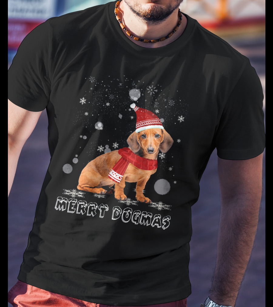 Merry Dogmas Dachshund Dog In Snow With Santa Hat And Scarf T-Shirt