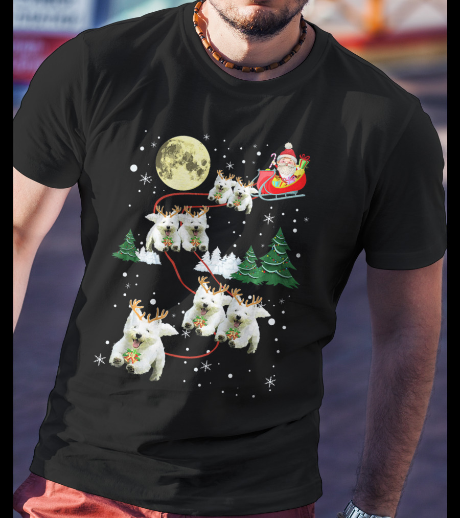 Santa Sleigh With Westie Reindeer Christmas Moon And Trees T-Shirt