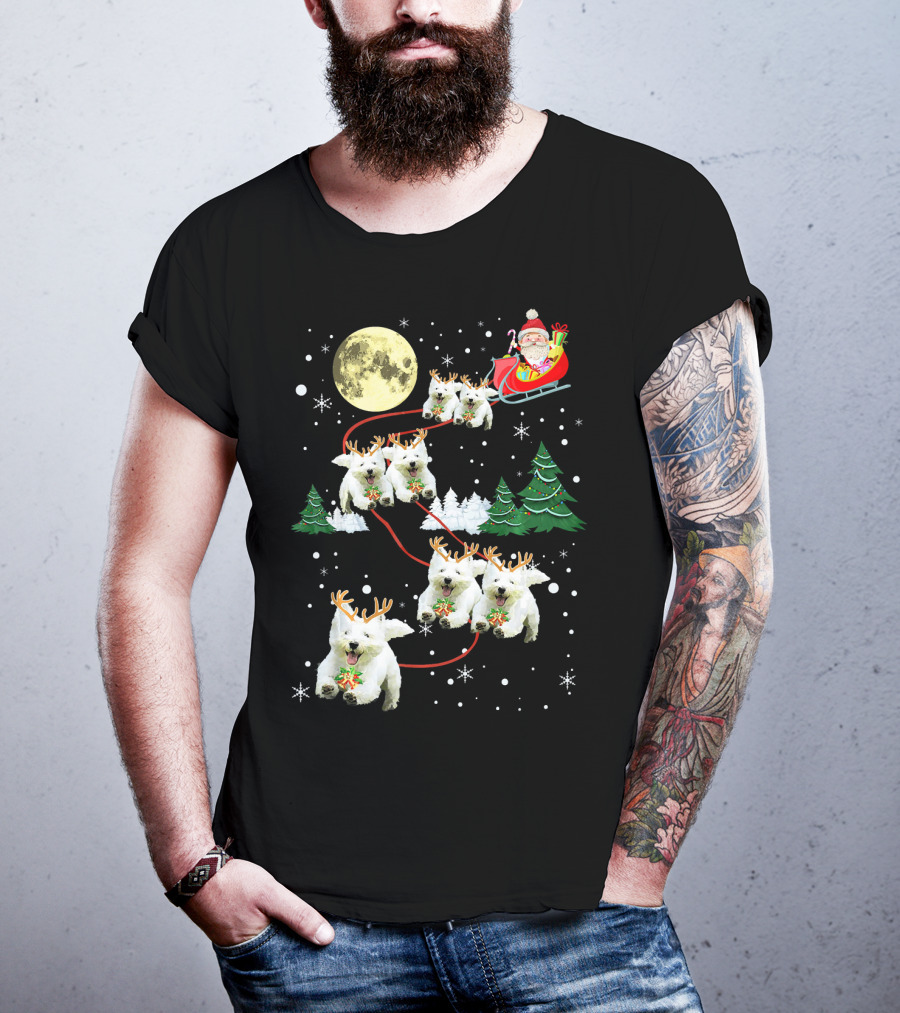 Santa Sleigh With Westie Reindeer Christmas Moon And Trees T-Shirt