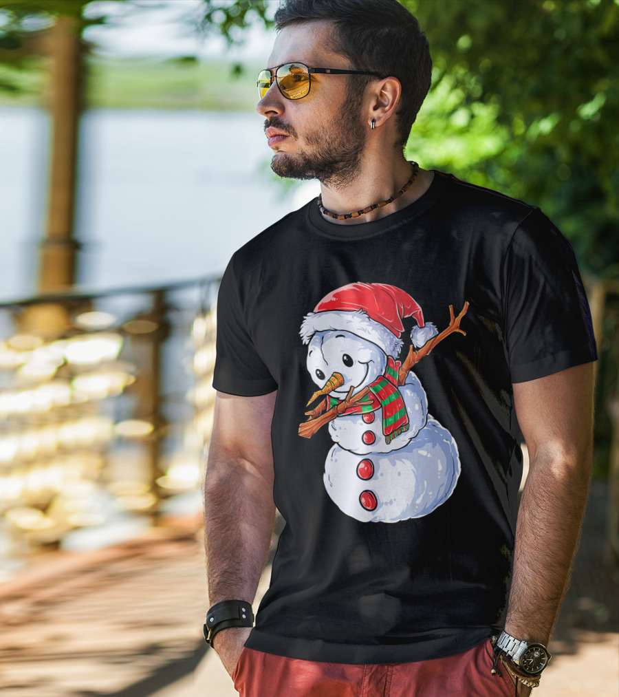 Festive Snowman With Santa Hat And Striped Scarf T-Shirt