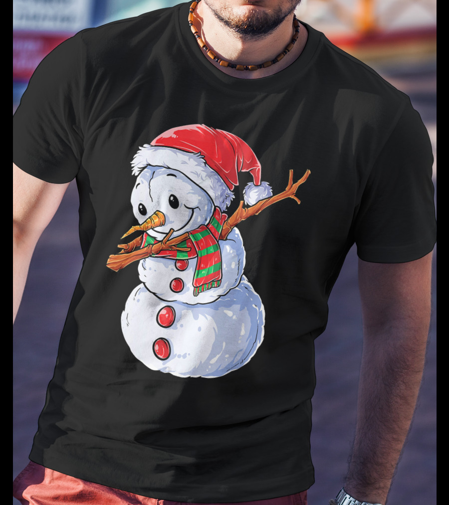 Festive Snowman With Santa Hat And Striped Scarf T-Shirt