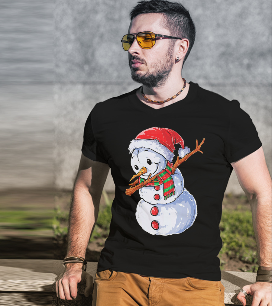 Festive Snowman With Santa Hat And Striped Scarf T-Shirt