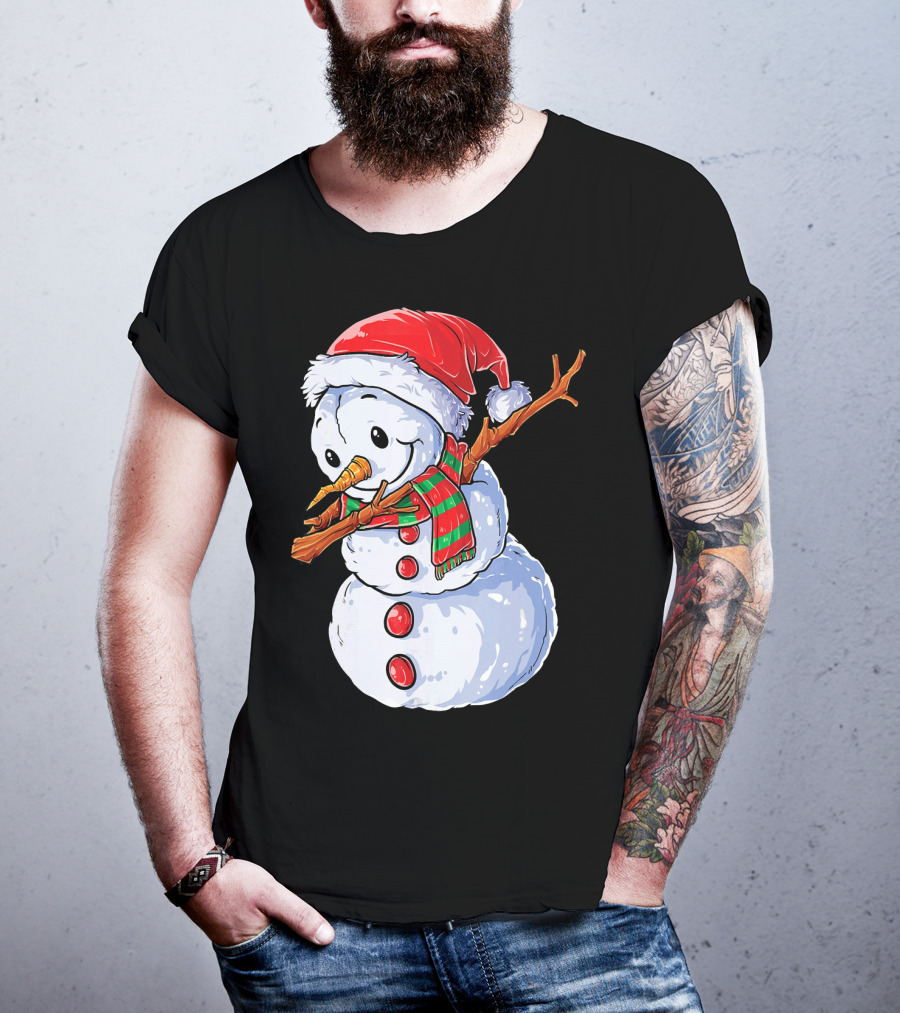 Festive Snowman With Santa Hat And Striped Scarf T-Shirt