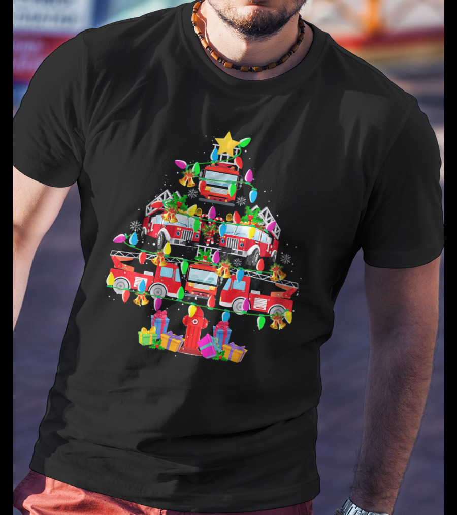 Fire Truck Christmas Tree With Decorations And Gifts T-Shirt
