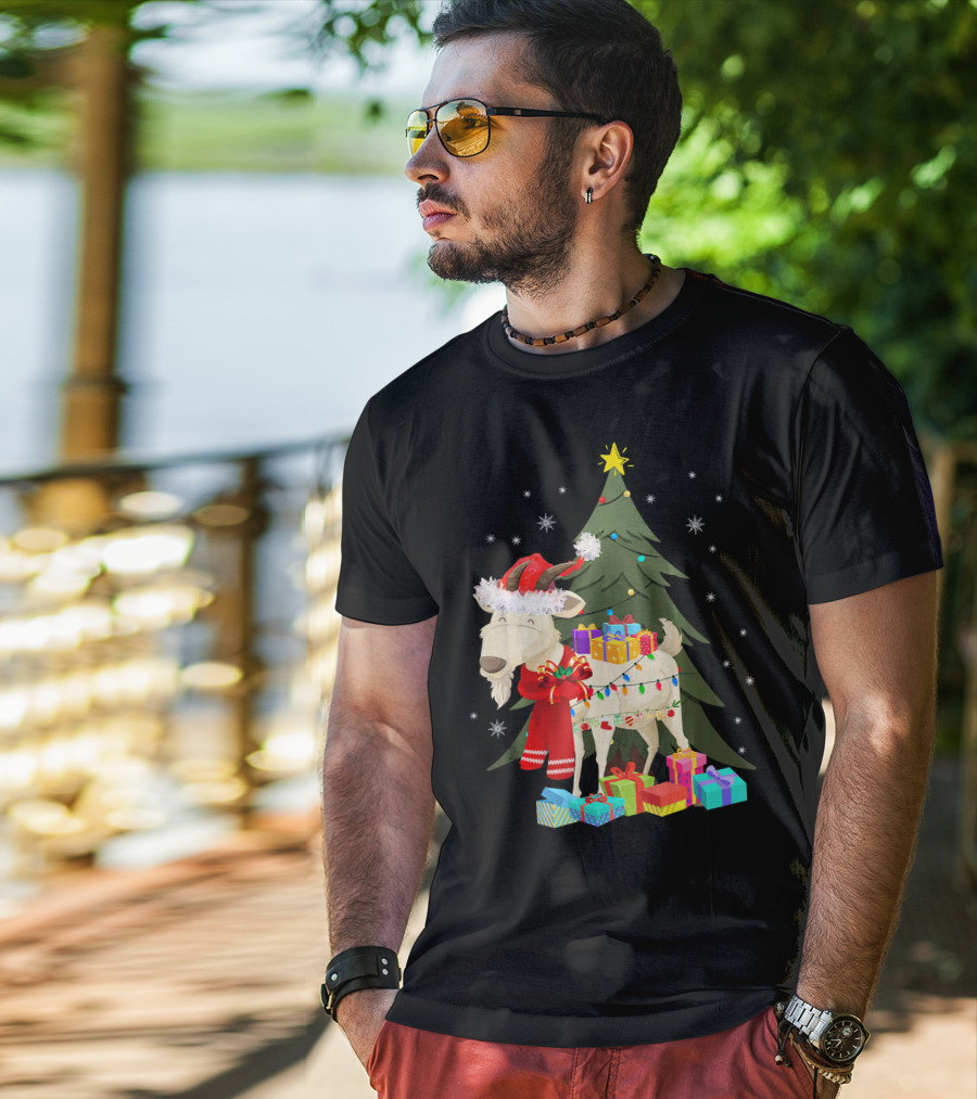 Goat Christmas Lights Funny Goat Santa Hat Presents Tree Snowflakes T-Shirt