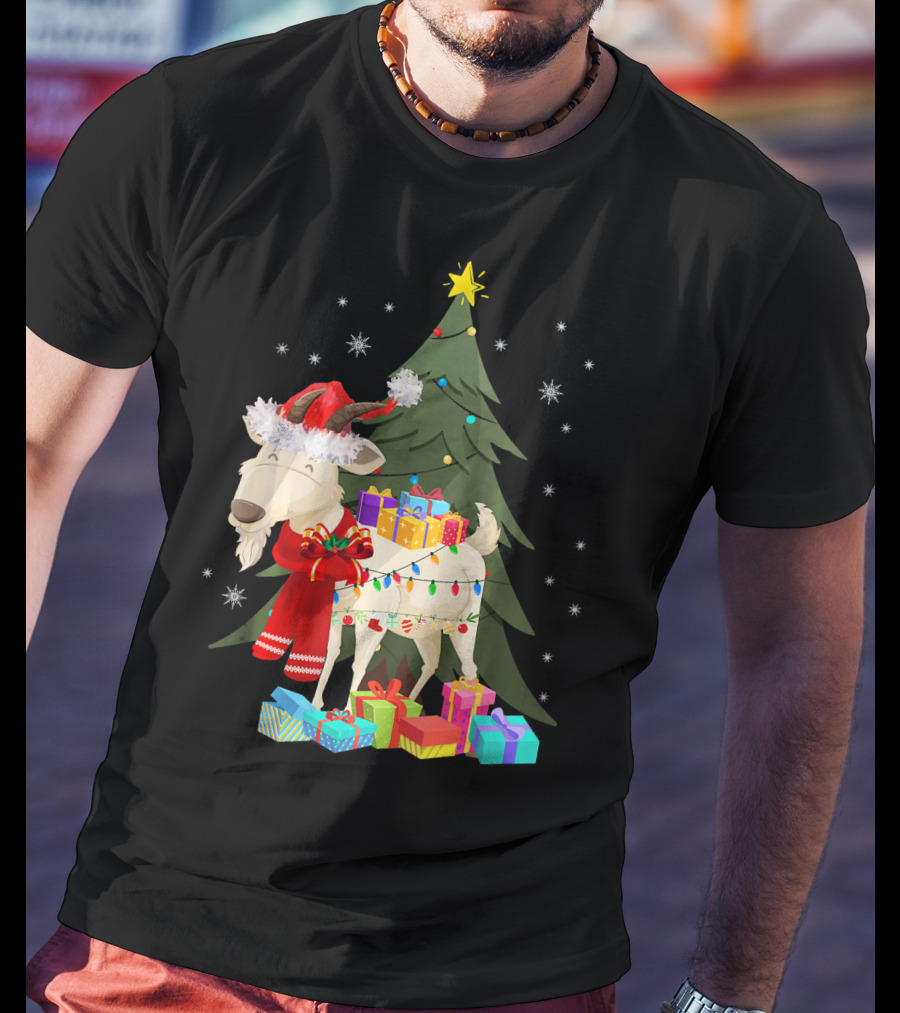 Goat Christmas Lights Funny Goat Santa Hat Presents Tree Snowflakes T-Shirt
