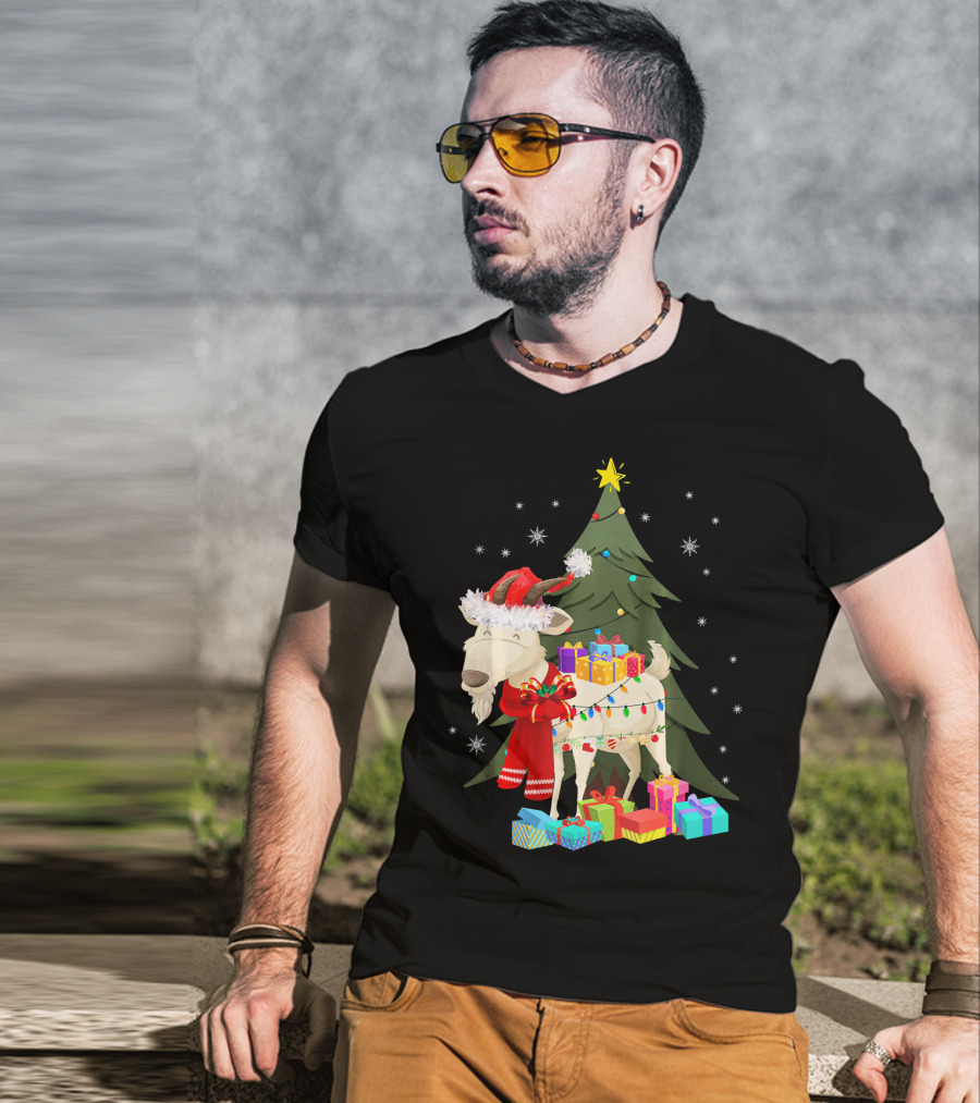 Goat Christmas Lights Funny Goat Santa Hat Presents Tree Snowflakes T-Shirt