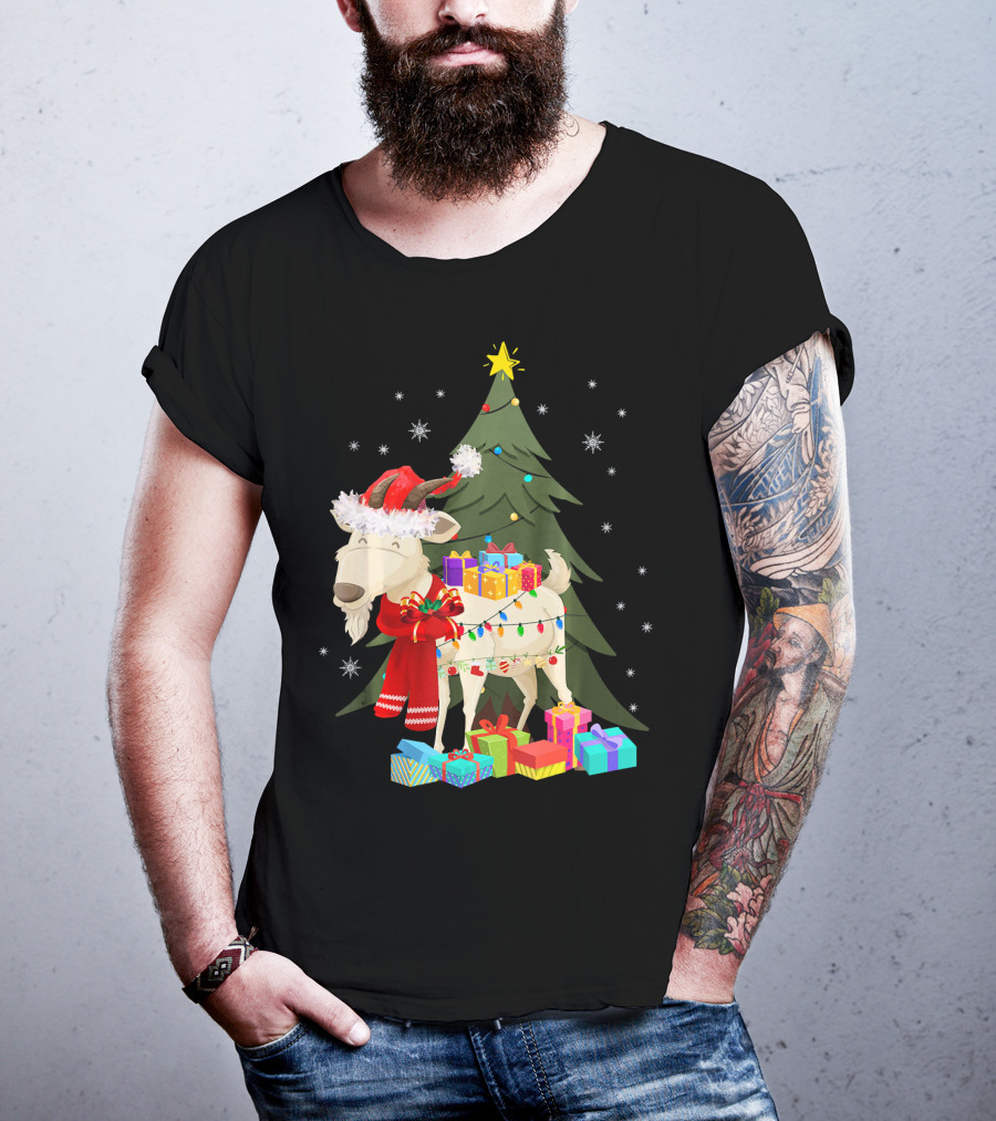 Goat Christmas Lights Funny Goat Santa Hat Presents Tree Snowflakes T-Shirt