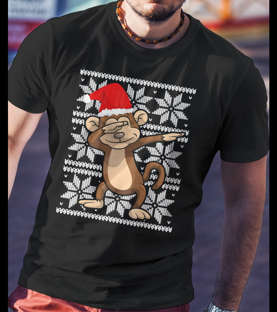 UGLY CHRISTMAS Dabbing Monkey Dab Santa Hat Snowflake T-Shirt
