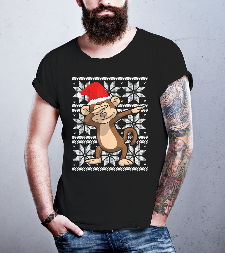 UGLY CHRISTMAS Dabbing Monkey Dab Santa Hat Snowflake T-Shirt